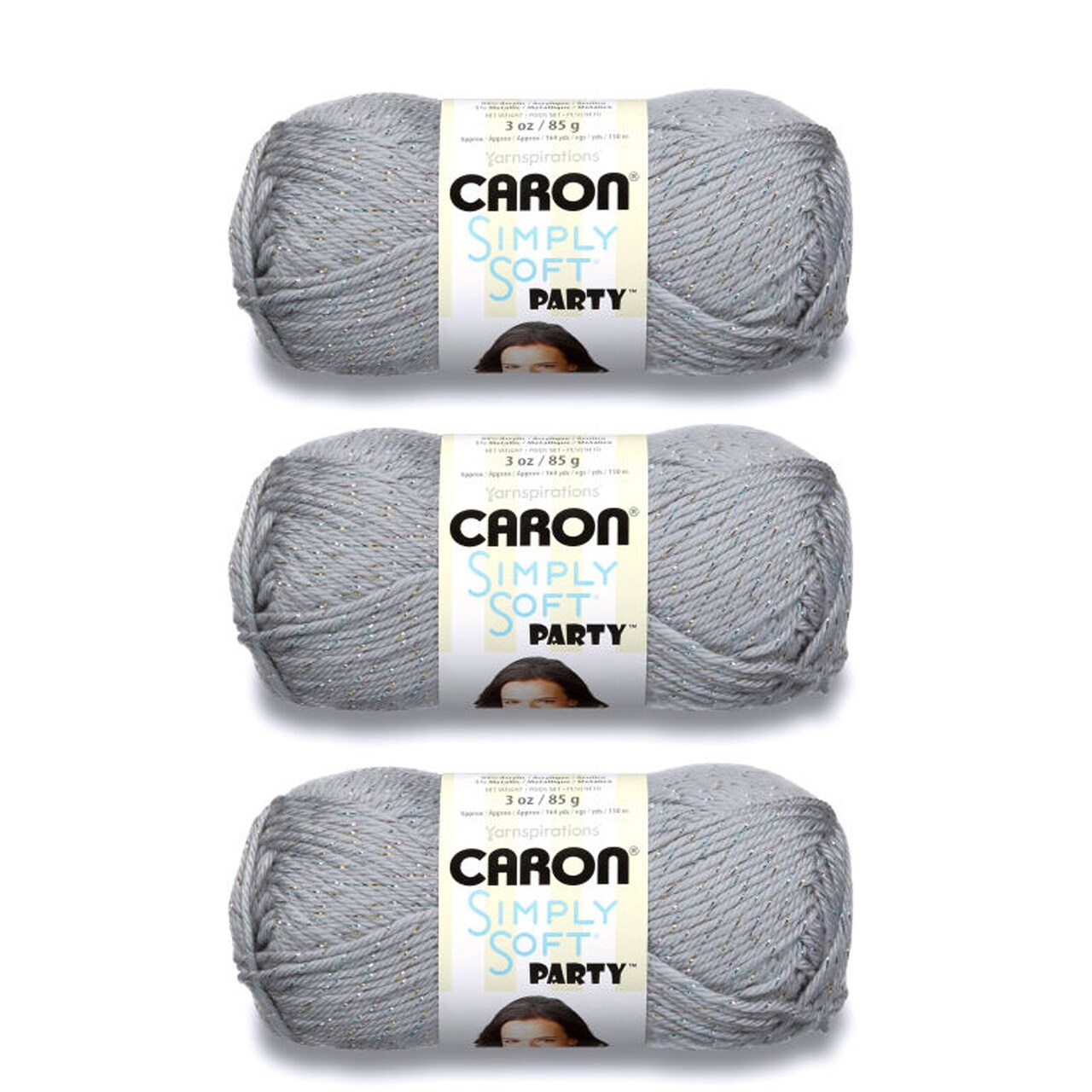 Caron Simply Soft Party Silver Sparkle Yarn - 3 Pack of 85g/3oz - Acrylic - 4 Medium (Worsted) - 164 Yards - Knitting/Crochet